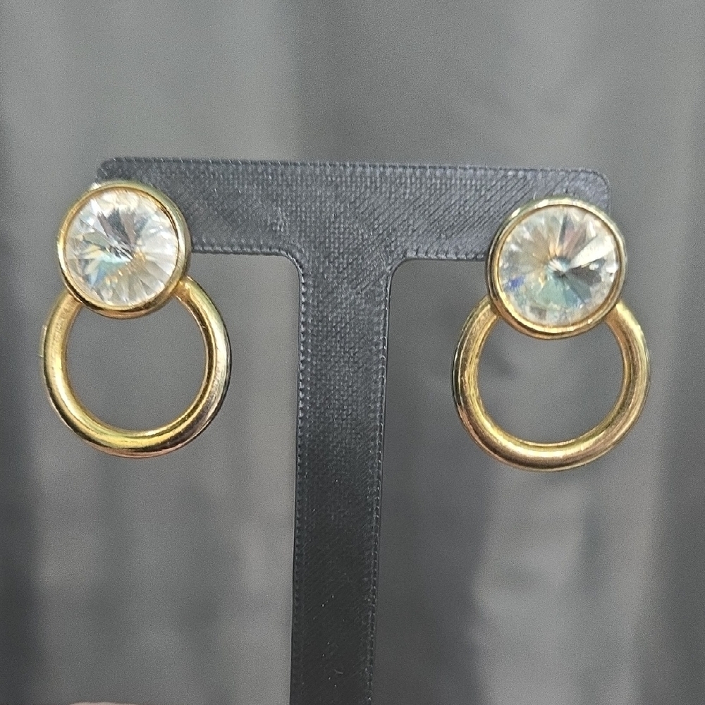 Gold Vintage Hoop Drop Earrings with Clear Crystal Studs